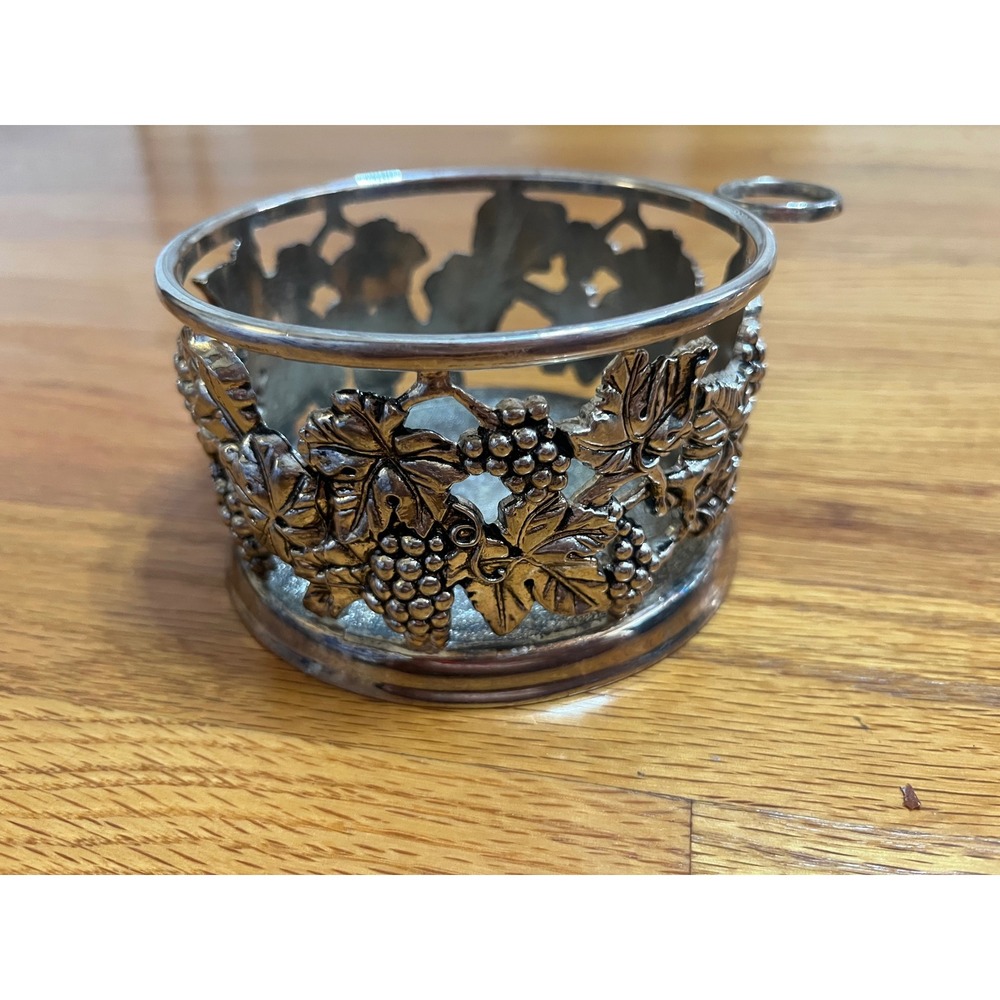 Vintage Silver plate Wine bottle Coaster Holder Grape/Leaves Pattern